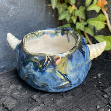 Load image into Gallery viewer, Creepy Peepers Horned Skull Shot Glass in Midnight Blue or Lilac Haze