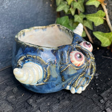 Load image into Gallery viewer, Creepy Peepers Horned Skull Shot Glass in Midnight Blue or Lilac Haze