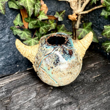 Load image into Gallery viewer, Demon Slayer Open-Topped Decorative Skull in Copper Patina