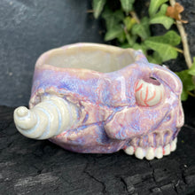 Load image into Gallery viewer, Creepy Peepers Horned Skull Shot Glass in Midnight Blue or Lilac Haze