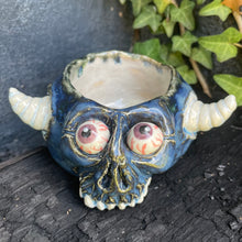 Load image into Gallery viewer, Creepy Peepers Horned Skull Shot Glass in Midnight Blue or Lilac Haze
