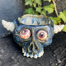 Load image into Gallery viewer, *Small Crack* Creepy Peepers Horned Skull Shot Glass in Midnight Blue
