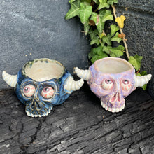 Load image into Gallery viewer, Creepy Peepers Horned Skull Shot Glass in Midnight Blue or Lilac Haze
