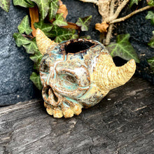 Load image into Gallery viewer, Demon Slayer Open-Topped Decorative Skull in Copper Patina
