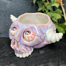 Load image into Gallery viewer, Creepy Peepers Horned Skull Shot Glass in Midnight Blue or Lilac Haze
