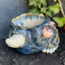 Load image into Gallery viewer, *Small Crack* Creepy Peepers Horned Skull Shot Glass in Midnight Blue
