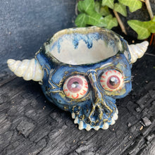 Load image into Gallery viewer, *Small Crack* Creepy Peepers Horned Skull Shot Glass in Midnight Blue
