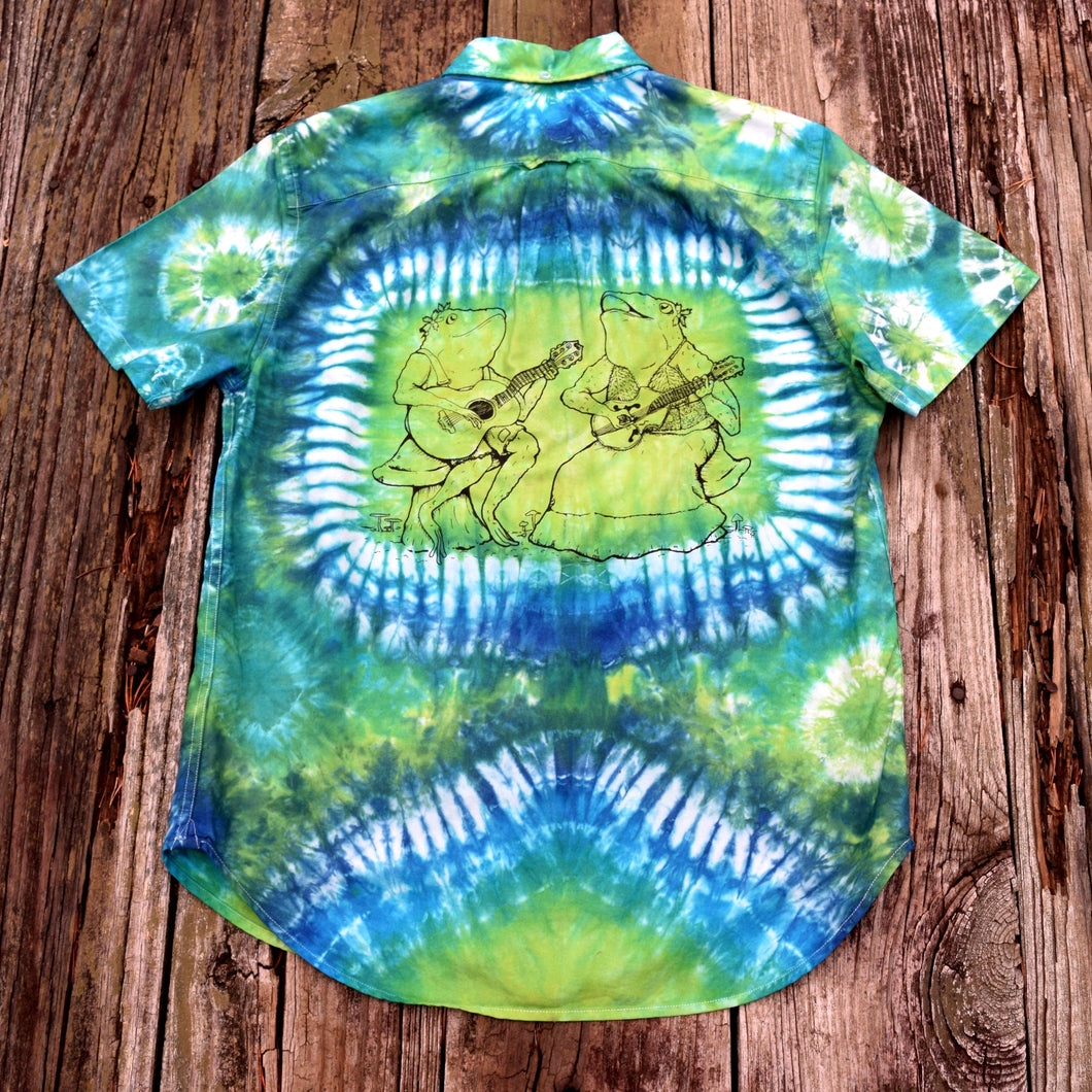 Folk Toads Back Print Tie Dye Button Down Shirt, Size Unisex Medium